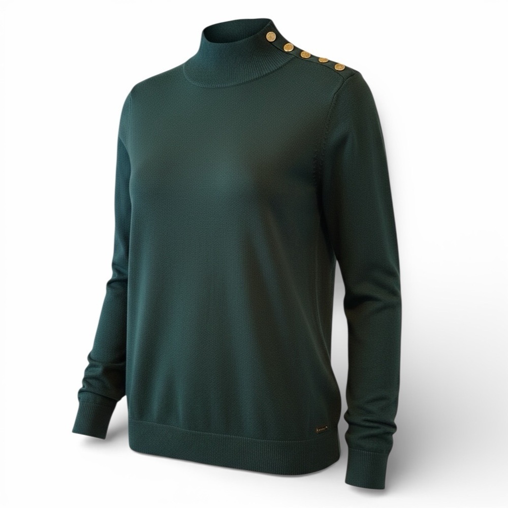Calvin Klein Green Sweater with Gold Button Accents, NEW